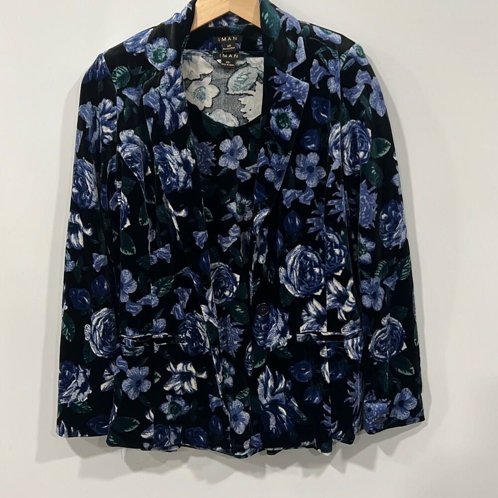 Iman 2 piece velvet blue floral‎ blazer top xs